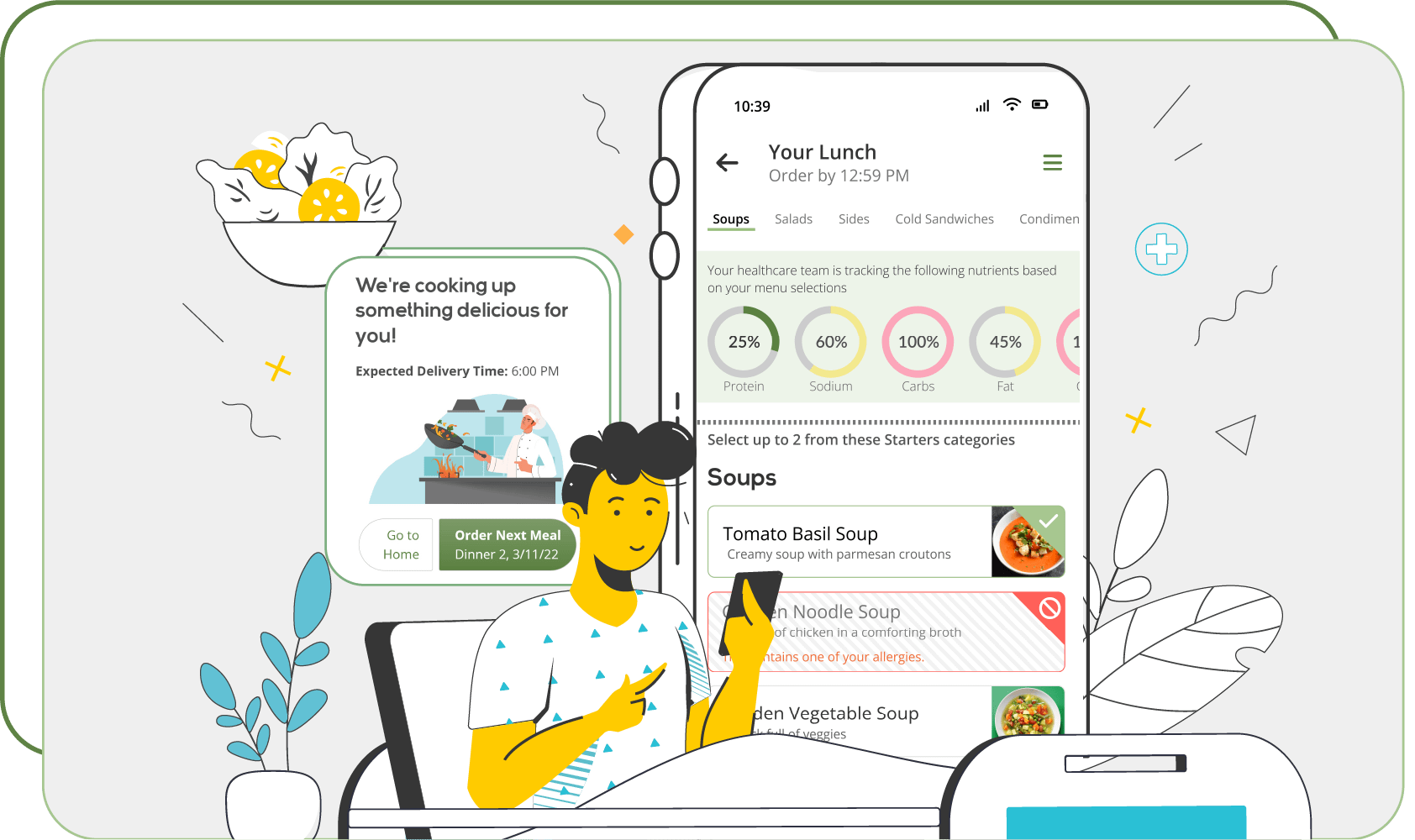 A patient in their bed ordering a meal on their phone with HS onTray.