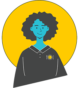 A vector graphic of an employee wearing a polo shirt emblazoned with a healthcare food symbol.