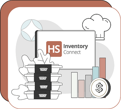 A vector graphic of food stacked and a cost chart in front of the Inventory Connect logo.