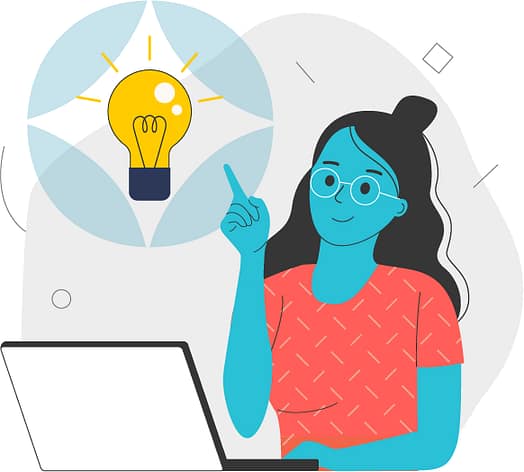 A person on a laptop points to a lightbulb indicating a bright idea.