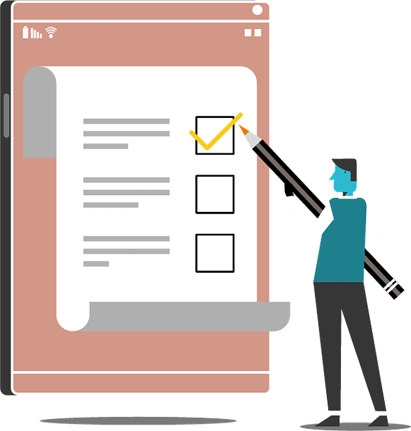 A vector graphic of a person using a pencil to check a box off a list.