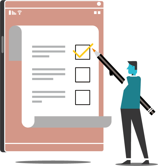 A vector graphic of a person using a pencil to check a box off a list.