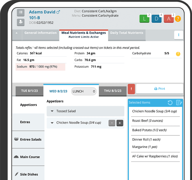 A tablet screenshot of a patient menu in Room Service Connect.
