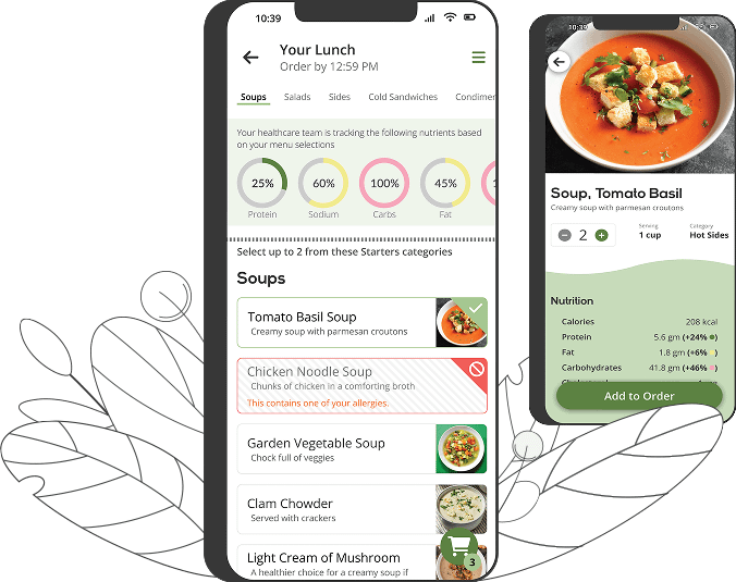 Screenshots from HS onTray showing meal selections with nutrient limits.