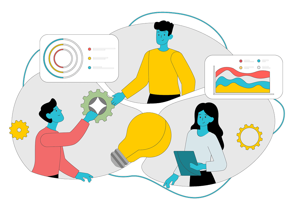 Three people in bubble clouds with lightbulb, screens with data and gears floating around them. One person is handing a gear to the other. All symbolizing networking and ideas.