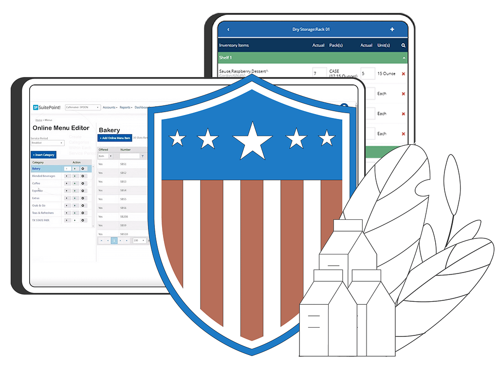 Three overlapping tablet screens displaying software interfaces, with a shield emblem featuring stars and stripes in the foreground, and illustrations of food items like milk cartons beside it.