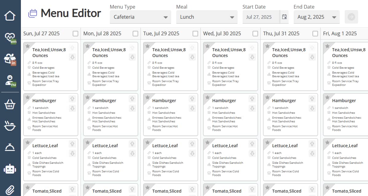 A screenshot of HS HealthCORE's Menu Editor showing a Cafeteria Lunch menu from July 27, 2025 to August 2, 2025 with a view of expanded recipe details.