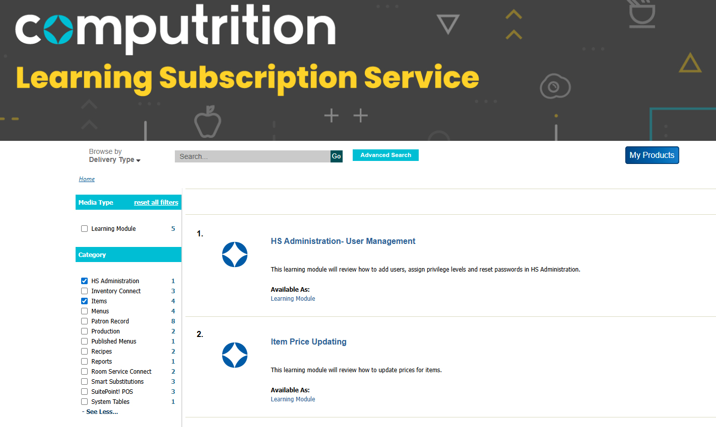 Screenshot of the catalog of the Learning Subscription Service