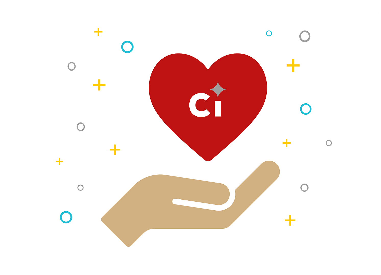A tan hand holding a red heart with the letters 'Ci' and a sparkle icon inside it, surrounded by small decorative circles and plus signs on a white background.