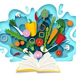 A colorful vector graphic of a recipe book depicting hospital recipe management
