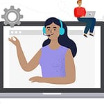 Graphic of various information technology support staff using a headphone, megaphone, smartphone, and laptop.