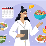 A dietitian uses a tablet; they are surrounded by various meals, food items, and a calendar.