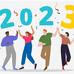 A diverse group of friends celebrates the new year in 2023.