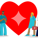 Various healthcare workers grouped around a heart with Computrition's diamond in the middle.