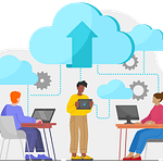 Three people using a laptop, desktop, and tablet in front of clouds and gears symbolizing cloud-hosted solutions.