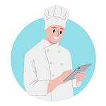 Various hospital foodservice directors using technology: a person in a suit and tie, a chef, and a person wearing glasses and a blazer.