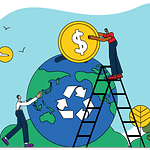 One person holds Earth, which has a recycling symbol. Another person on a ladder drops a coin into a slot at the top.