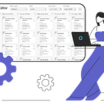 A person sits and works on a laptop. A screenshot of HS HealthCORE's menu editor hovers in the background.