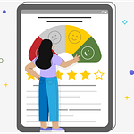 A person uses a tablet to assess patient satisfaction with charts of different facial expressions and stars.