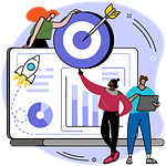 One person rests on a dartboard with a dart in the bullseye. Another person points up to the dartboard. A third person uses a large tablet.