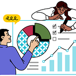 One person points to part of a pie chart while the other looks down and checks a box off a list.