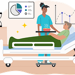 A nurse delivers a patient's meal to their bedside and comforts them. There are graphs and an hourglass in the background.
