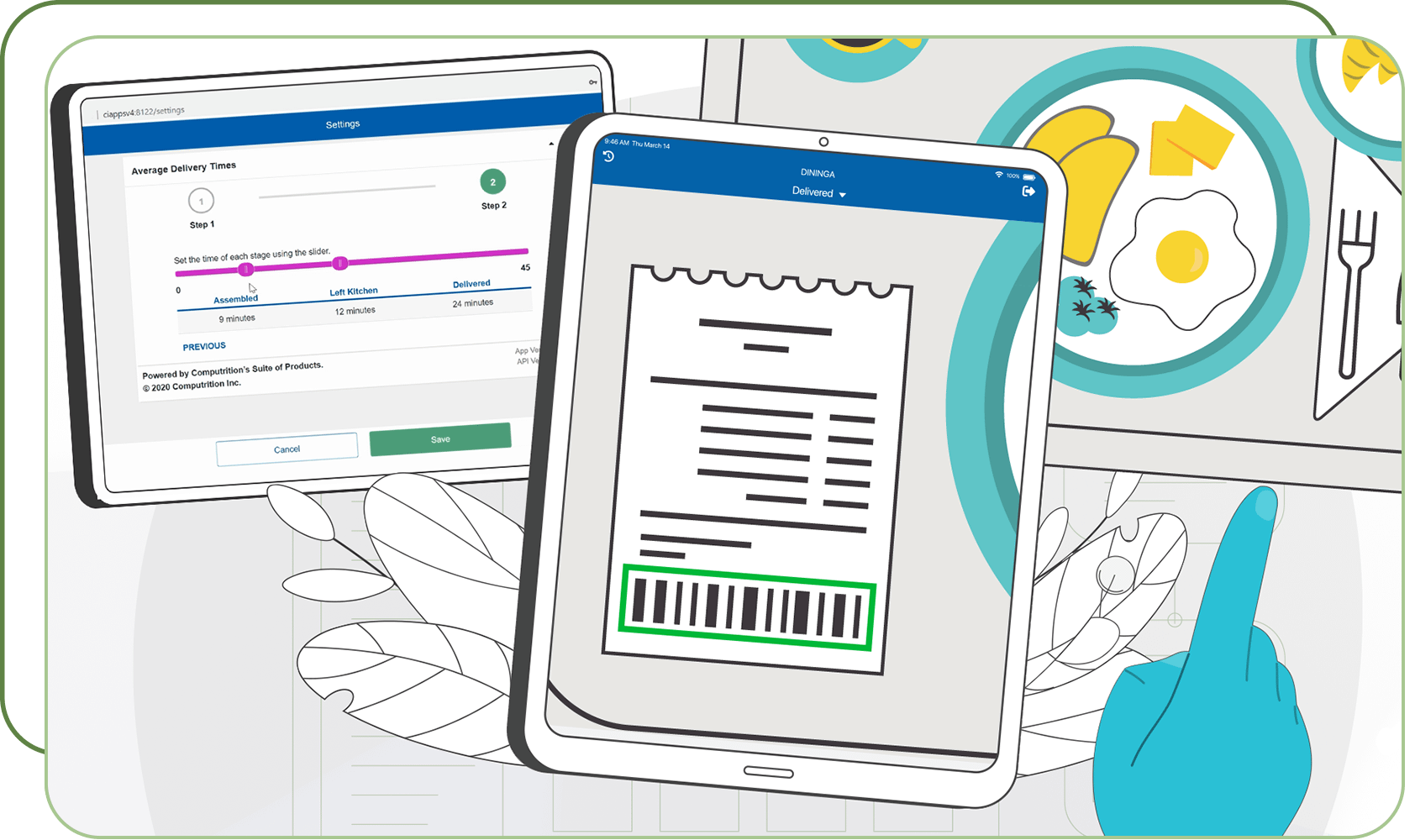Examples of tablets with Tray InMotion showing a ticket scan and Operations Connect showing a tray's status.