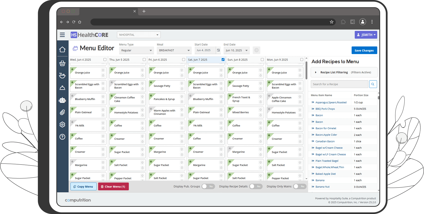 A screenshot of the HS HealthCORE Menu Editor, showing a Regular Breakfast menu for June 4, 2025 to June 10, 2025. The column for Saturday, June 7, 2025 is selected.