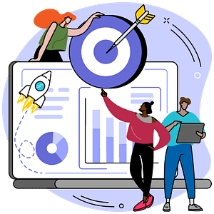 One person rests on a dartboard with a dart in the bullseye. Another person points up to the dartboard. A third person uses a large tablet.