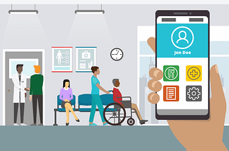 Graphic of a mobile app improving the patient experience within a hospital setting