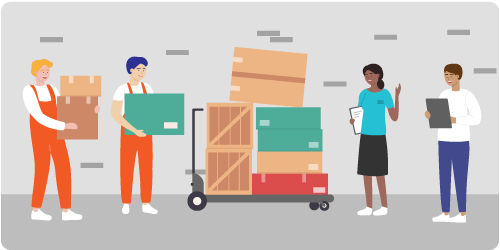 Two workers carry boxes as two others work on tablets. In the middle is a dolly loaded with boxes.