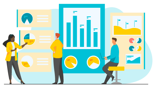 A graphic of a team sorting through data obtained from contract food service companies