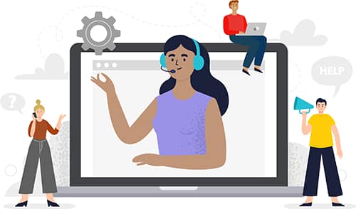 Graphic of various information technology support staff using a headphone, megaphone, smartphone, and laptop.
