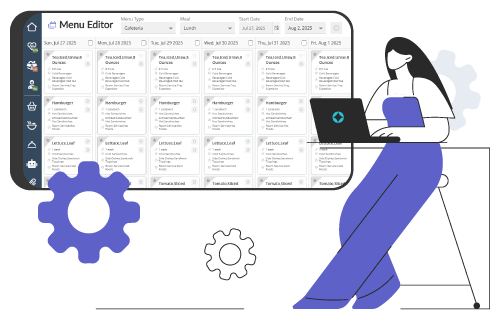 A person sits and works on a laptop. A screenshot of HS HealthCORE's menu editor hovers in the background.