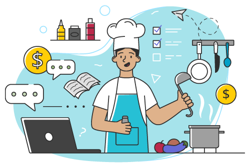 A chef smiles and cooks in a kitchen while looking at a laptop.