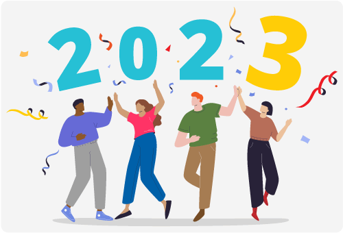 A diverse group of friends celebrates the new year in 2023.