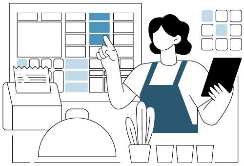 A retail employee points to a menu while using a tablet. There is a printer to their left.