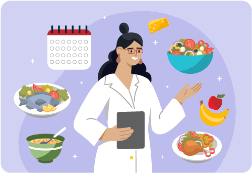 A dietitian uses a tablet; they are surrounded by various meals, food items, and a calendar.