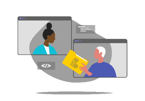 One person in an application window hands a file to a person in a different application window.