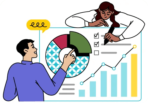 One person points to part of a pie chart while the other looks down and checks a box off a list.