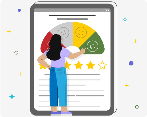 A person uses a tablet to assess patient satisfaction with charts of different facial expressions and stars.