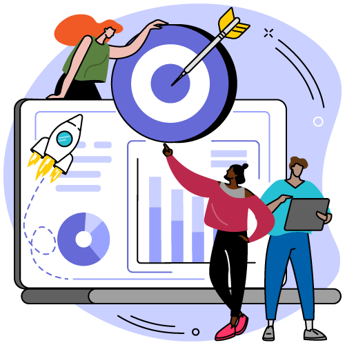 One person rests on a dartboard with a dart in the bullseye. Another person points up to the dartboard. A third person uses a large tablet.