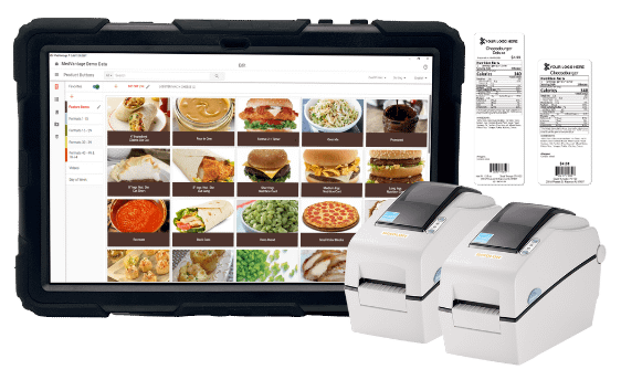 A tablet, two printers, and two nutrition facts labels using MedVantage's GoFreshDate.