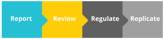 An infographic demonstrating the budget management process: Report, Review, Regulate, and Replicate.