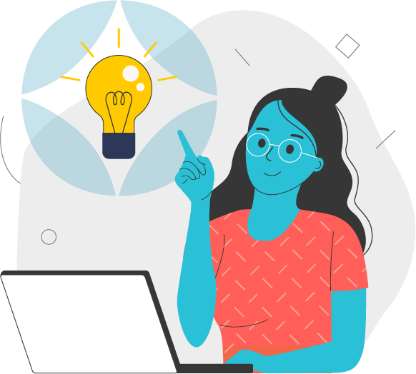 A person on a laptop points to a lightbulb indicating a bright idea.