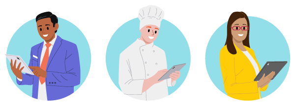 Various hospital foodservice directors using technology: a person in a suit and tie, a chef, and a person wearing glasses and a blazer.