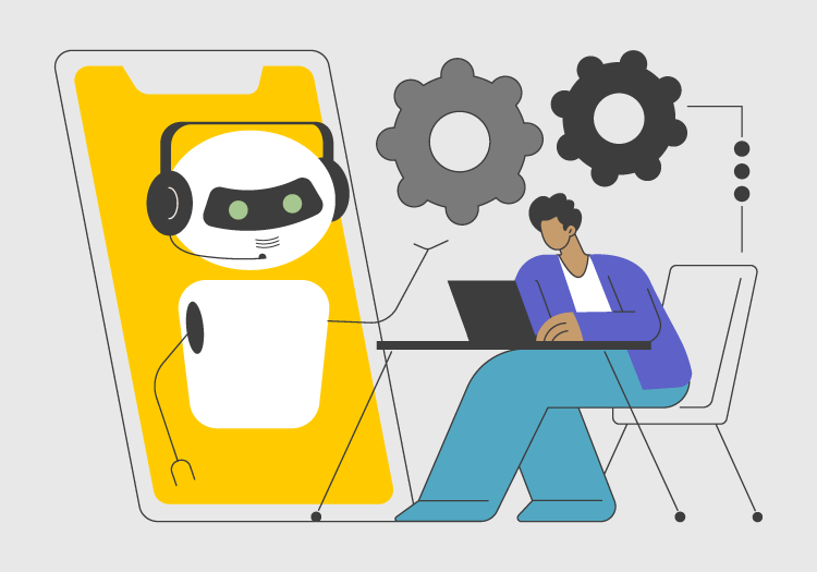 An AI chatbot assists a person working on a laptop.