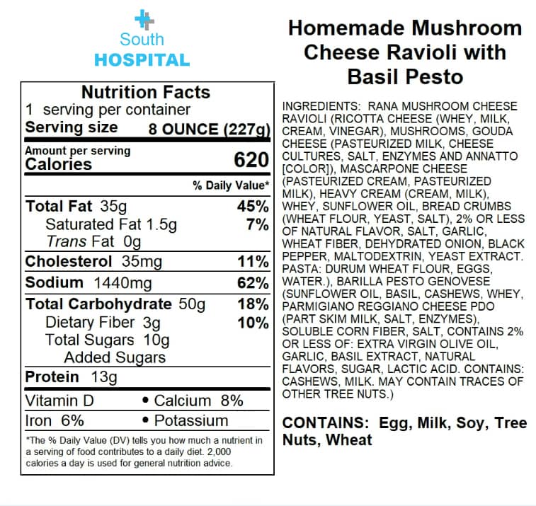 A nutrition facts label from Label Elite for Homemade Mushroom Cheese Ravioli with Basil Pesto.