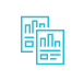 A blue icon of two spreadsheets with data and metrics visuals.