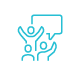 A blue icon of a group of people beneath a speech bubble.
